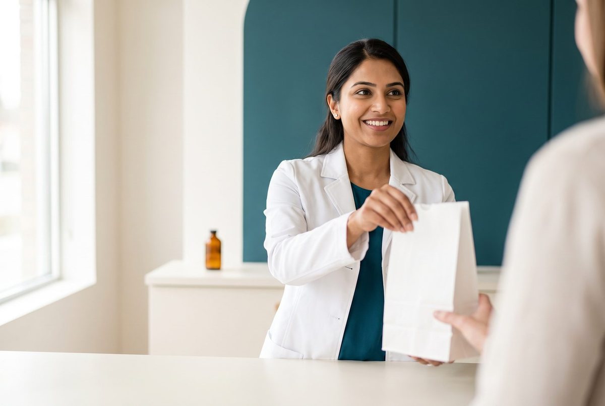 A prescription being handed across the counter.