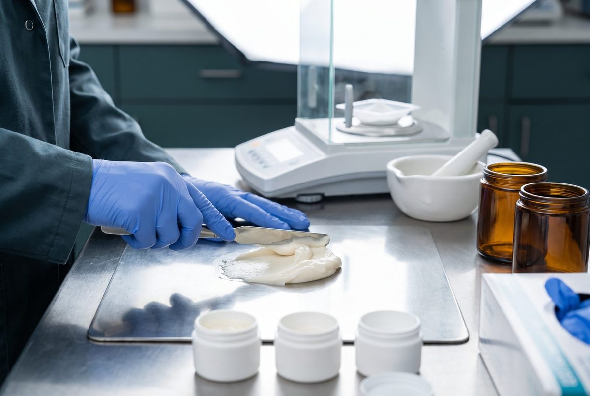 A mortar and pestle, a capsule filling plate and amber jars on the compounding bench.