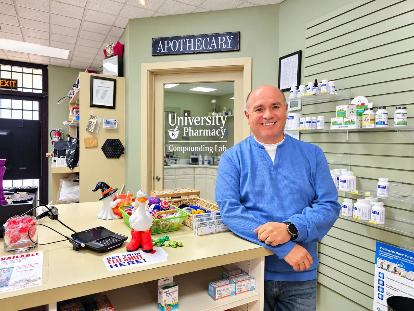 University Pharmacy’s pharmacist at the counter beside the compounding lab.