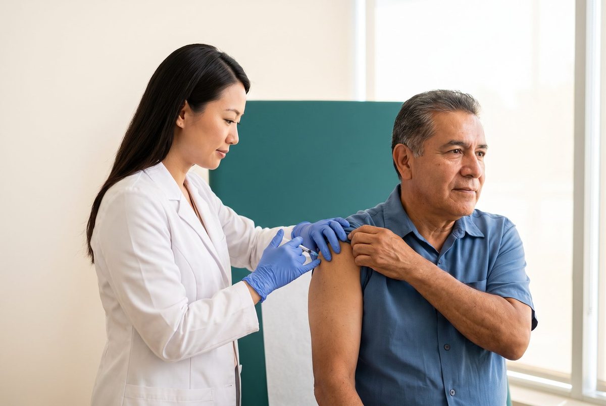 A pharmacist administering a vaccine to a seated patient.
